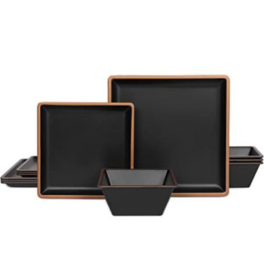 Imagem de Conjunto de louça quadrada de melamina para 4, 12 peças quadradas de melamina, conjunto de pratos e tigelas de melamina, utensílios de mesa de jantar leves e inquebráveis para uso interno/externo (borda bronze metálico)