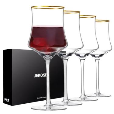 Imagem de JEKOSEN Novas taças de vinho de cristal com borda dourada 482 g conjunto de 4 taças de vinho transparentes de haste longa, presente de cristal premium para Natal, aniversário, aniversário ou qualquer