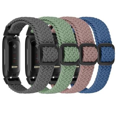Imagem de FTYQUEE Pacote com 4 pulseiras trançadas elásticas ajustáveis compatíveis com Fitbit Inspire 3/Inspire 2/Inspire HR/Inspire/Ace 3/Ace 2, para mulheres e homens, pulseiras esportivas de tecido de nylon