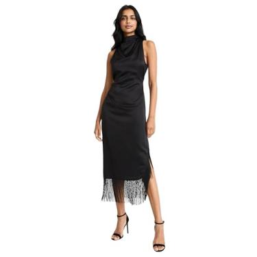 Imagem de Donna Morgan Maxi feminino com gola drapeada e bainha de franja, Preto, 34