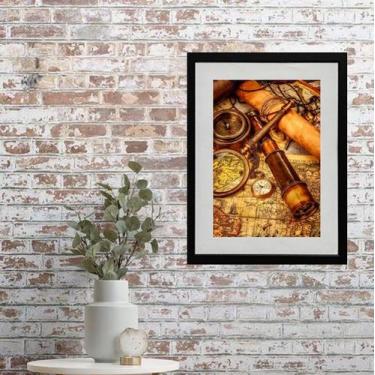 Imagem de Quadro Luneta e Mapa - 60x48cm - Quadros On-line, Madeira branca