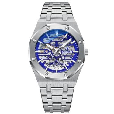 Imagem de Verhux Relógios de pulso automáticos masculinos esqueleto dourado, mecânico, clássico, original, de aço inoxidável, à prova d'água, preto, prateado, 8848 relógios masculinos prateados e azuis