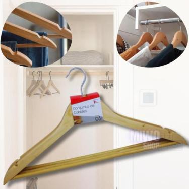 Imagem de Kit 3 Cabides De Madeira com Verniz Resistente Roupas Leves e Pesadas 