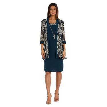 Imagem de R&M Richards Vestido feminino de duas peças com estampa floral para mãe da noiva, Azul-petróleo, 48