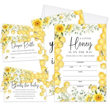 Imagem de Convites de chá de bebê para meninos e meninas, conjunto de 25 convites para chá de bebê, abelha, convida cartões com envelopes, cartões de solicitação de livros, bilhetes de sorteio de fraldas para