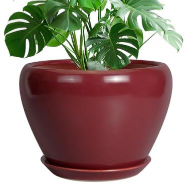Imagem de Ceramicfor Vaso de cerâmica – Vaso de 25 cm com orifício de drenagem e pires, vaso de suculentas com esmalte redondo para plantas internas e externas, vermelho
