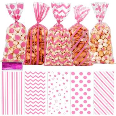 Imagem de Sacos de guloseimas de celofane para dia dos namorados, 100 unidades de sacos de doces rosa, saco de plástico para biscoitos para presente de dia dos namorados, presente com laços torcidos para dia