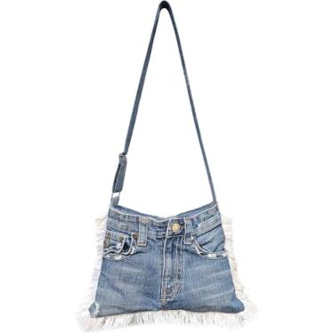 Imagem de Bolsa tiracolo plana trapézio média jeans azul Upcycled com acabamento em franja estilo vintage bolsa jeans com alça ajustável (estilo 3), Azul