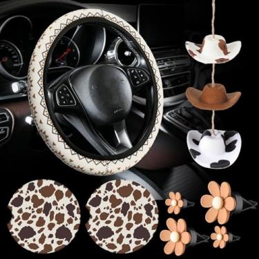 Imagem de Conjunto de 8 peças de acessórios de carro com estampa de vaca ocidental para mulheres e homens, capa de volante, porta-copos de cerâmica, margarida, flores, clipes de ventilação de ar com estampa de