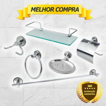 Imagem de Kit Acessório Para Banheiro Aço Inox 6 Peças Com Porta Shampoo Vidro R