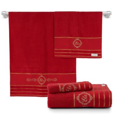Imagem de Jogo Toalha Banho Bordada Ele E Ela 4pçs 100% algodão Artesian Premium Fios Dourados Casal Presente Casamento Noivos Banheiro (VERMELHO)