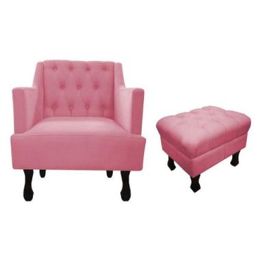 Imagem de Kit Poltrona Decorativa Julia + Puff Luis Xv Suede Rosa Pés Madeira Mz