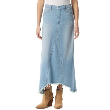 Imagem de Jessica Simpson Saia jeans feminina Della drapeada com zíper frontal 5 bolsos maxi padrão, Brisa mística, 64