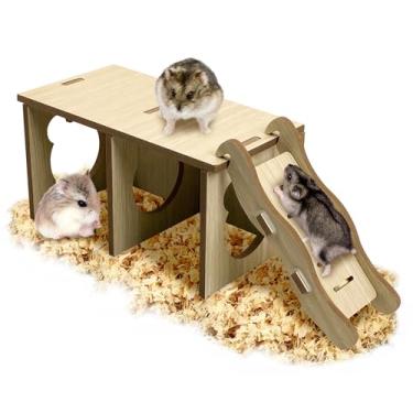 Imagem de Tfwadmx Esconderijo e rampa de madeira para animais pequenos – Sistema de túnel de hamster com escada de escalada, galpão de espião e câmaras de escavação para ratos, hamsters anões (pequeno)