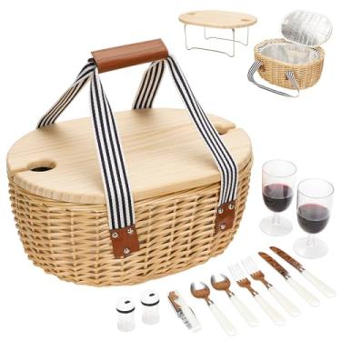 Imagem de STBoo Cesta de piquenique para 2 - Conjunto de piquenique de vime com mesa de vinho | Kit de cesta de salgueiro com bolsa térmica para acampamento, ao ar livre, Natal, festa (listra)