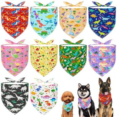 Imagem de JpGdn Pacote com 10 bandanas de dinossauro para cães de raças grandes, GG, GG, rosa, roxo, amarelo, azul, lenço triangular, babadores, cachecóis para meninos e meninas