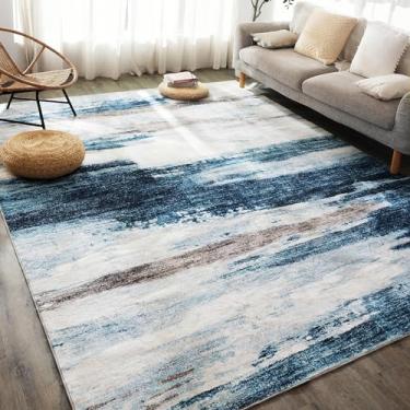 Imagem de Carvapet Tapetes para sala de estar, azul moderno macio abstrato baixo pilha grande tapete com base de borracha, dobrável, antiderrapante, lavável na máquina (33 x 3 metros retangular, tapete azul