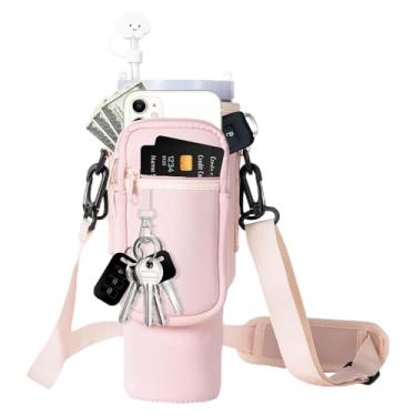 Imagem de BULKITEM Bolsa de transporte de garrafa de água com bolso para telefone Stanley copo Stanley de 1,18 l com alça, suporte de copo de água de neoprene isolado rosa com alça ajustável para copo Quencher