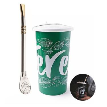 Imagem de Kit Copo Plástico Tererê Tampa 450ml Verde + Bomba Chimarrão 23cm Aço 