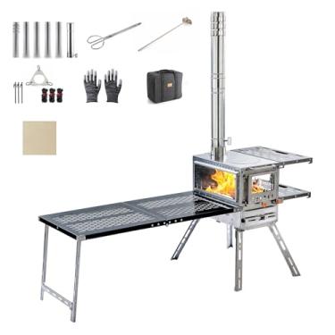 Imagem de Fogão a lenha, fogão quente para tenda, fogão a lenha, fogão de acampamento portátil de aço inoxidável com forno e mesa de acampamento e 6 tubos de chaminé para atividades ao ar livre, acampamento,
