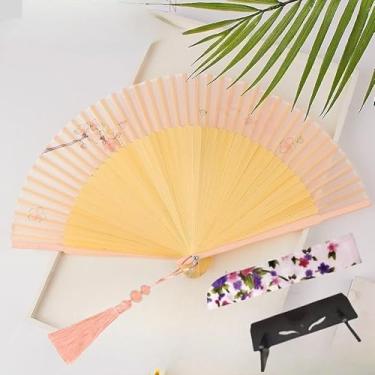 Imagem de Ventilador de mão dobrável portátil - Pequenos ventiladores de seda de bambu japoneses chineses vintage - para dança, apresentação, decoração, casamento, festa, presente (flor rosa)