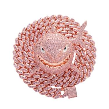 Imagem de ICEDIAMOND Pingente de tubarão de diamante rosa chique com colar de corrente cubana gelada, joia de hip hop tamanho G banhado a ouro rosa 18K para homens e mulheres, Latão, Zircônia cúbica