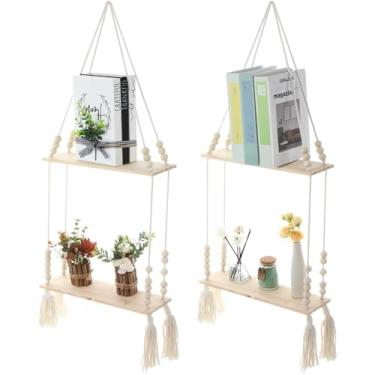 Imagem de Chunful Pacote com 2 prateleiras para pendurar Boho com contas e borla, prateleiras flutuantes de macramê de 2 camadas para plantas, prateleiras de corda de madeira rústica para quarto, sala de estar