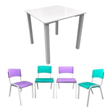 Imagem de Ecom Home - Kit Mesa Infantil Branca 60cm Quadrada com 4 Cadeiras Infantil Roxas e Verde Água Creche Recreação Atividades Estudo Escolar