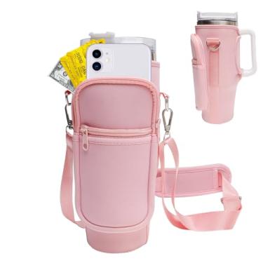 Imagem de DCLMALL Bolsa de suporte de copo de água com bolso para copo Stanley de 1,18 l com alça, transportador de copo de água para caminhadas, viagens, acampamento, com alça de ombro ajustável para acessórios Stanley Cup (rosa)