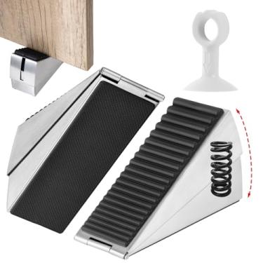 Imagem de Rolha de porta resistente, rolha de porta de mola ajustável de até 7,6 cm de altura para a parte inferior da porta, cunha de porta de borracha prata de aço inoxidável para qualquer porta pesada