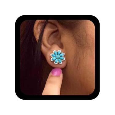 Imagem de Allereyae Brincos punk prata turquesa floral turquesa brincos de flor de pedra preciosa CZ floral brinco de pedra azul joia para mulheres