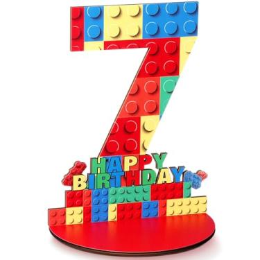 Imagem de Geelin 7rd Birthday Number Sign Centerpiece Building Block Theme Number Stand Sign, Wooden Table Decoration Photo Props for Birthday Decorations