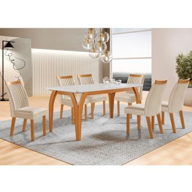 Imagem de Conjunto Sala de Jantar Mesa Agata com Tampo de Vidro 180cm e 6 Cadeiras em MDF Dara LJ Móveis - Castanho Cinamomo/ Creme/Off White