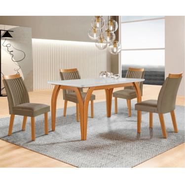 Imagem de Conjunto Sala de Jantar Mesa Agata com Tampo de Vidro 135cm e 4 Cadeiras em MDF Dara LJ Móveis - Castanho Cinamomo/ Capuccino/Off White