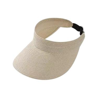 Imagem de GSHLLO Chapéu feminino de palha com viseira de sol ajustável chapéu de praia vazio boné de aba larga dobrável boné de proteção UV bege