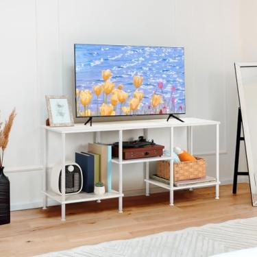 Imagem de Suporte de TV branco com armazenamento para TV de 50 polegadas, centro de entretenimento moderno com prateleiras de armazenamento abertas, console de TV de madeira de 3 níveis, armário de mídia para