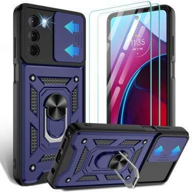 Imagem de Gritup Capa para Moto G Stylus 5G 2022 com capa deslizante para câmera | Pacote com 2 protetores de tela HD | Suporte de metal giratório de 360° | Proteção à prova de choque de grau MIL, azul