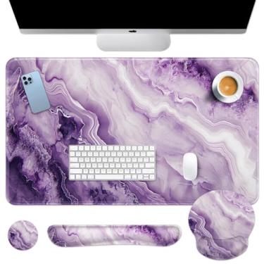 Imagem de Britimes Conjunto de mouse pad de teclado dourado roxo rosa mármore tapete de mesa 4 em 1 grande mousepad teclado descanso de pulso + mouse descanso de pulso + porta-copos design ergonômico para