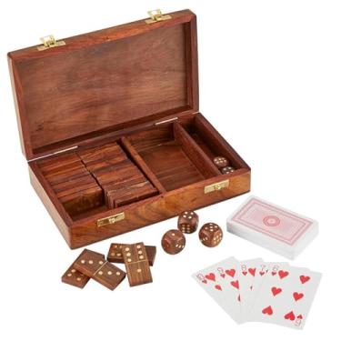 Imagem de COLE WHEELER Tabletop Game Box Set, Deal Place & Roll, (Cards, Dominos and Dice) with Mango Wood Storage Box, Gift for Game Enthusiasts