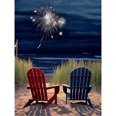 Imagem de PUAGEMTI Kits de pintura de diamante 5D 4 de julho Dia da Independência para adultos, praia vermelha, branca e azul com duas cadeiras, arte de diamante 5D, artesanato, decoração de parede para casa