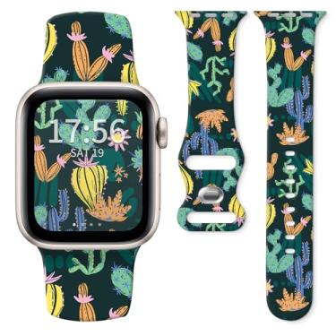 Imagem de Pulseira de silicone para relógio compatível com Apple Watch de 38 mm, 40 mm, 41 mm e 42 mm, para séries Ultra 2/1 SE 10 9 8 7 6 5 4, pulseira de substituição macia ajustável (cacto desenhado à mão)