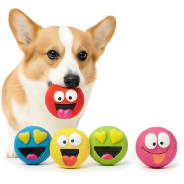 Imagem de Conjunto de 5 brinquedos de cachorro Squeaky para cães pequenos, brinquedos de mastigar com bola de emoji de látex para filhotes, brinquedos duráveis para buscar em ambientes internos com rostos