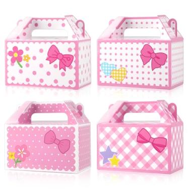 Imagem de 12 peças caixa de lembrancinha de festa de gatos rosa caixa de presente de papel com laço rosa desenho animado gato eles decorações de festa gravata borboleta flores doces caixas de presente com alças