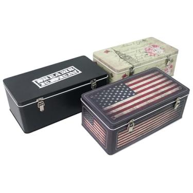 Imagem de DreamsEden Conjunto de 3 caixas de armazenamento de lata – Caixa de lembrança pequena com tampa, 29 cm C x 15 cm L x 10 cm A, caixa de presente decorativa vintage para lembranças, cartas, fotos