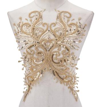 Imagem de arricraft 1 peça de apliques de lantejoulas douradas, apliques de renda de lantejoulas bordados florais vintage costurados em apliques de ornamento para costurar, fazer vestidos, roupas, acessórios