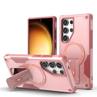 Imagem de HJZSZX Para Galaxy S25Plus Magnetic Armor Shockproof Bracket Soft Tpu + capa de telefone de PC rígido de cor sólida (para Galaxy S25Plus / rosa)