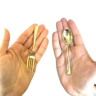 Imagem de Kit 100 Talheres Dourados 10cm  Colher e Garfo em Acrílico - Genérica