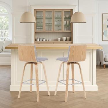 Imagem de Banqueta giratória moderna Vienna com assento estofado cinza e moldura de madeira de carvalho padronizada conjunto de 2