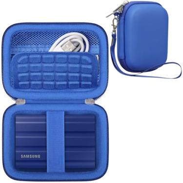 Imagem de RAIALL Capa rígida para Samsung T7 Shield/Samsung T7/Touch SSD portátil 1TB 2TB 4TB, bolsa de viagem para armazenamento de disco rígido externo, bolso de malha para acessórios de cabo USB, azul