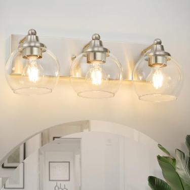 Imagem de Dothan Home Luminárias de banheiro de níquel, luz de penteadeira sobre o espelho, lâmpada de banheiro de níquel escovado com vidro globo transparente (níquel escovado e vidro transparente)